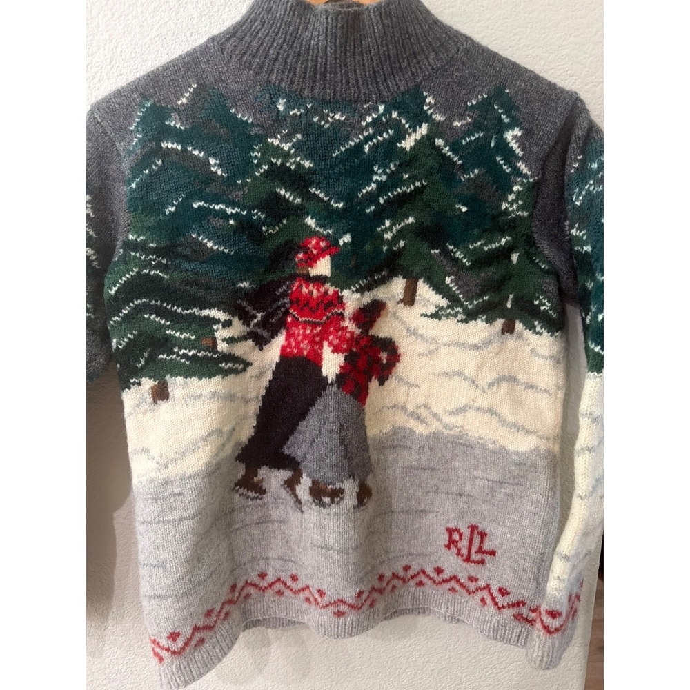RALPH LAUREN Hand Knit  Wool Ice skating Sweater GRAY RED GREEN 90s SMALL FLAWD - Picture 2 of 6